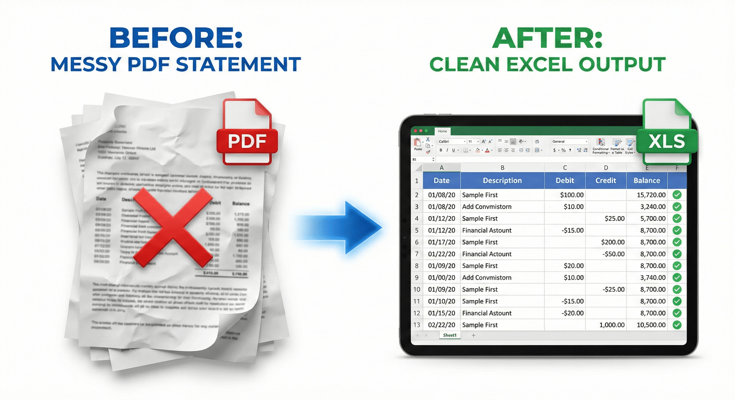 Comparison of messy bank statement PDF vs clean Excel output with split columns