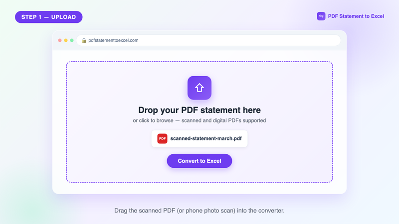 Uploading a scanned bank statement PDF to the pdfstatementtoexcel.com converter drop zone